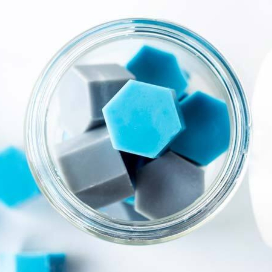 blue and grey hexagon wax melts